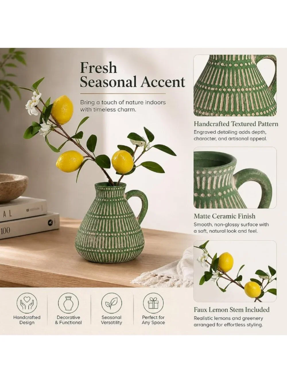 Small Green Clay Vase with Faux Lemon Branch - Charming Lemon Decor Accent